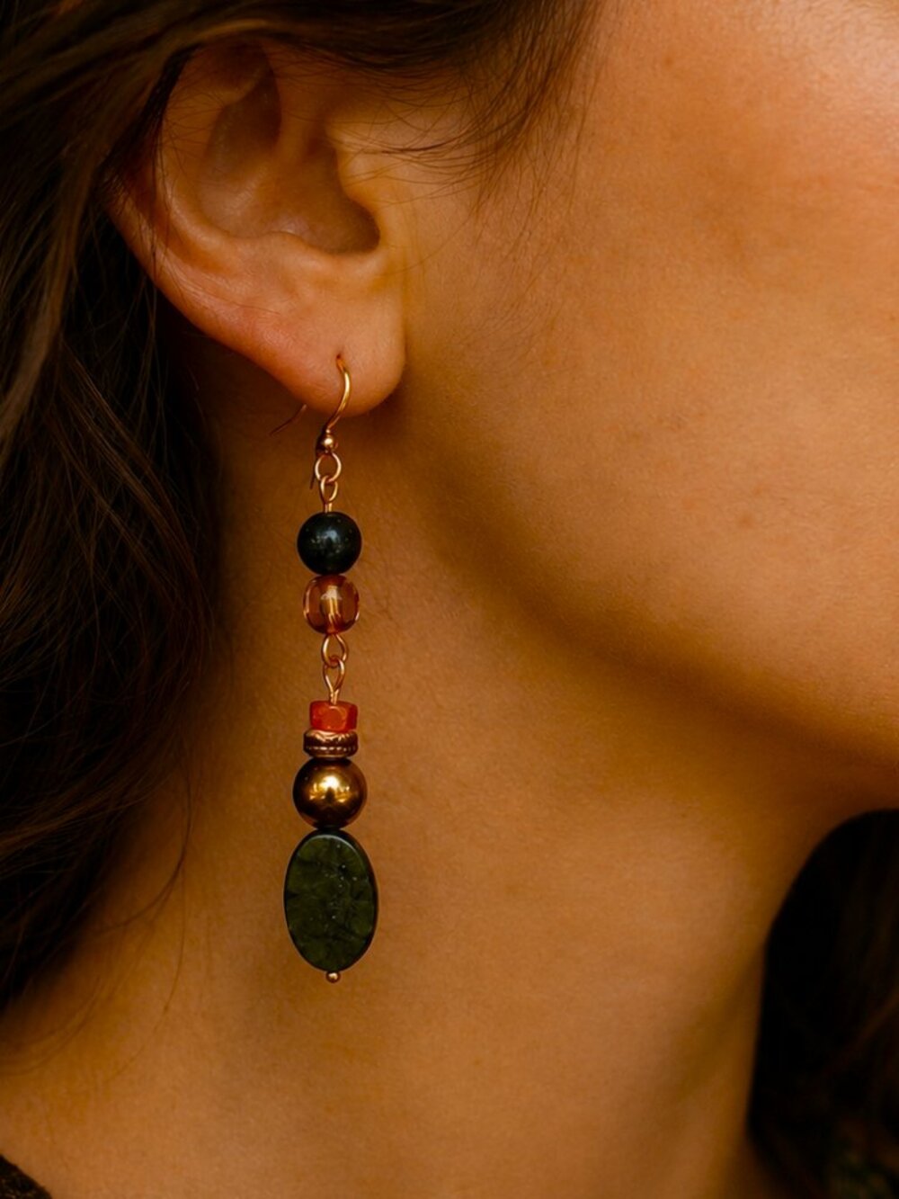 Long Woodland Serpentine Stone Drop Earrings Antique Inspired 24k Gold Stainless